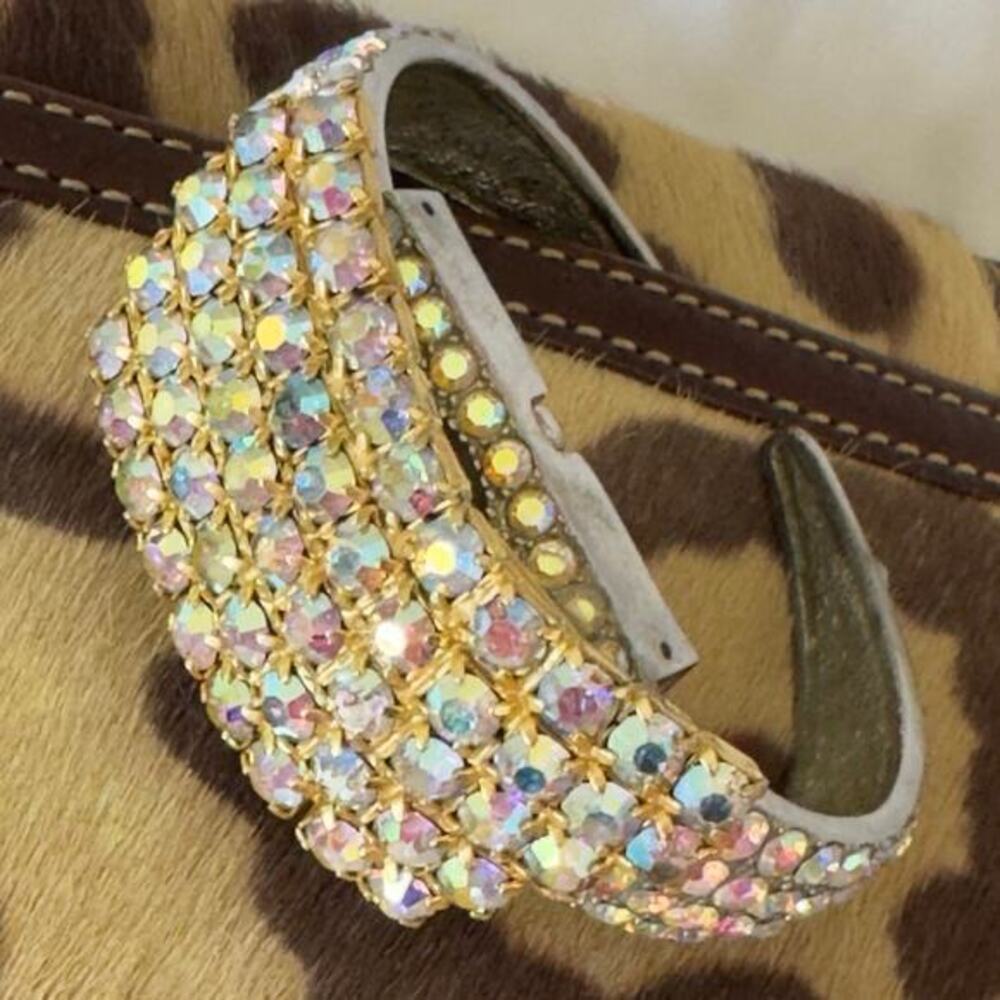 Gold AB Rhinestone Crystal Cuff Bracelet Artisan Made Recycled Watch Vintage